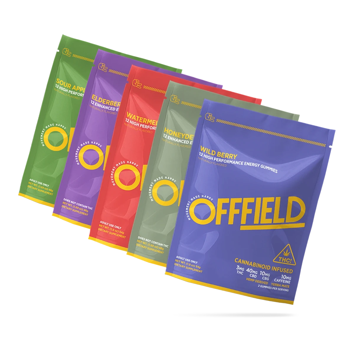 Four colorful OFFFIELD gummy bags in various flavors, including elderberry and wild berry.