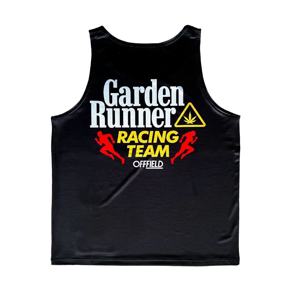 Garden Runner Racing Team running singlet in black with full front graphic