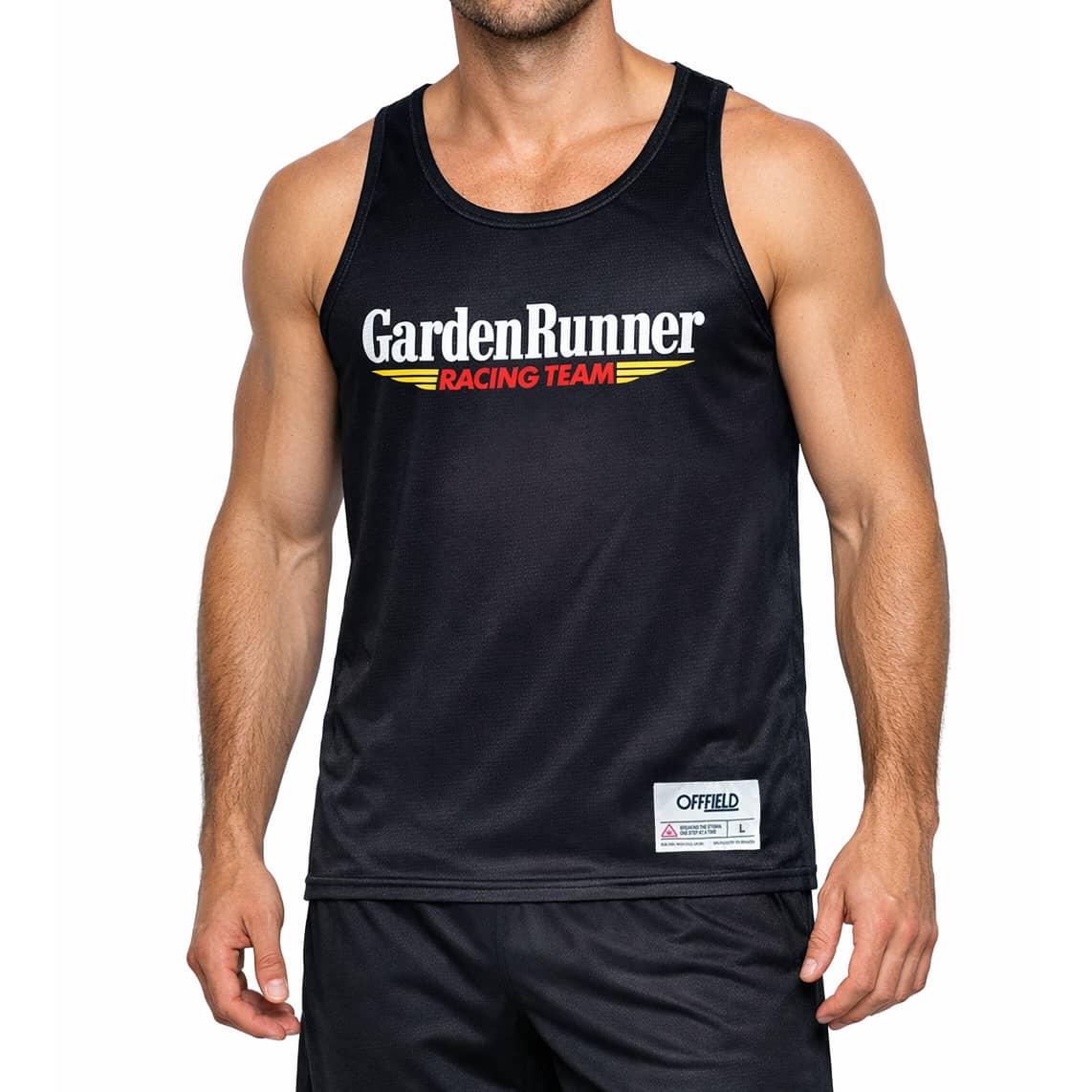 Man wearing the Garden Runner Racing Team singlet with full front graphic