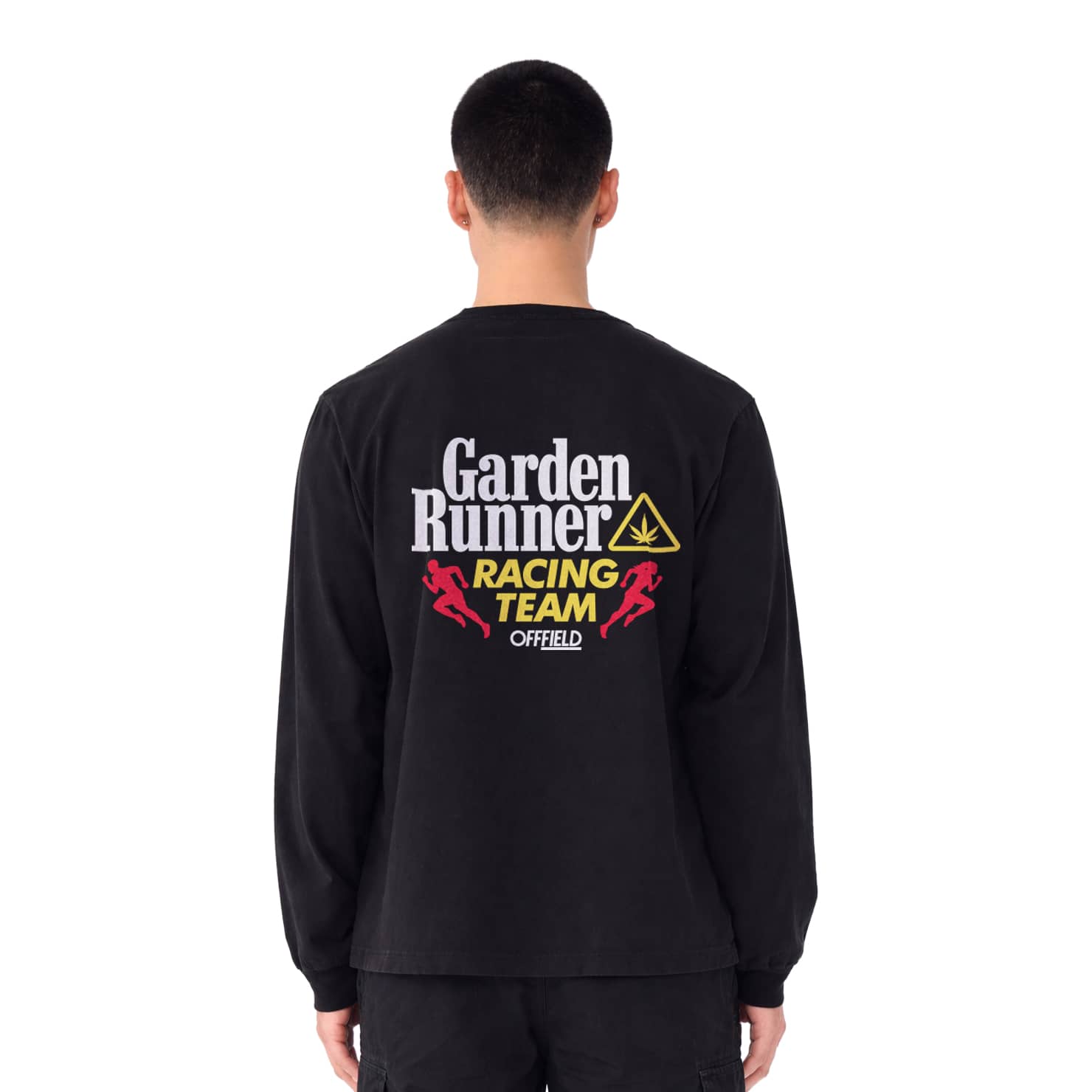 Woman wearing the black Garden Runner Racing Team long sleeve