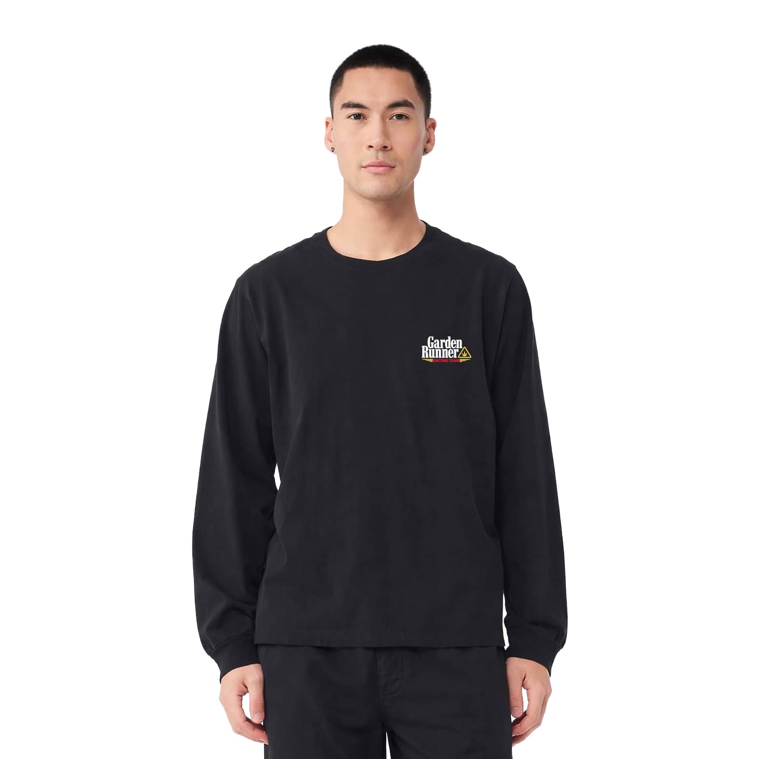 Back of the Garden Runner Racing Team long sleeve worn by a male model