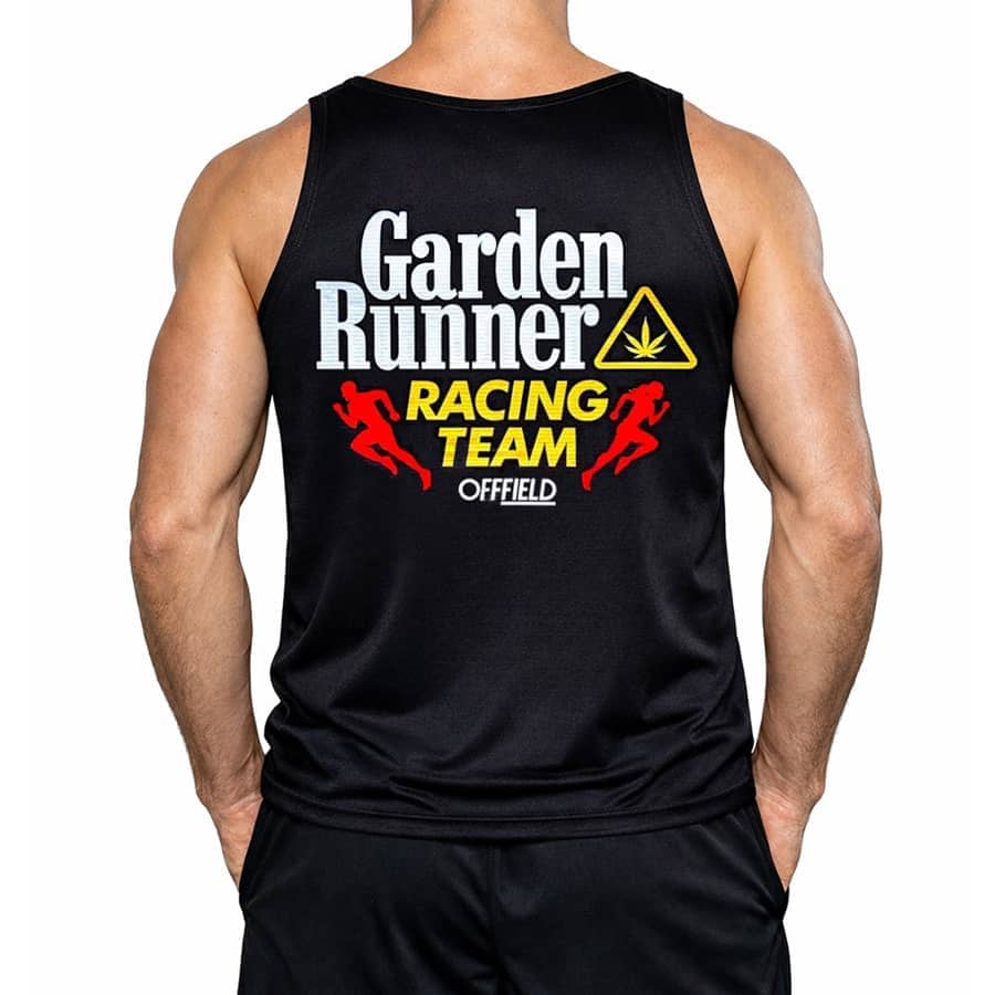 Man wearing the black Garden Runner Racing Team running singlet