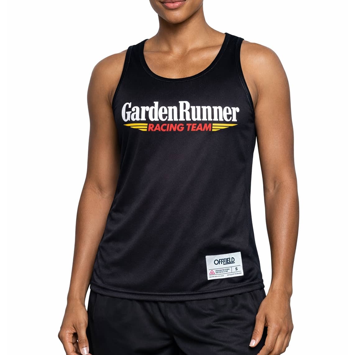 Woman wearing the black Garden Runner Racing Team running singlet