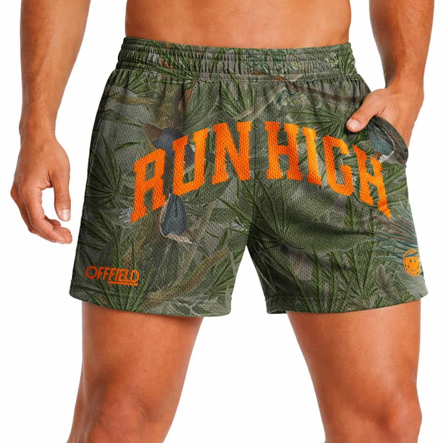 Runner wearing OFFFIELD Run High Camobis shorts with 5 inch inseam